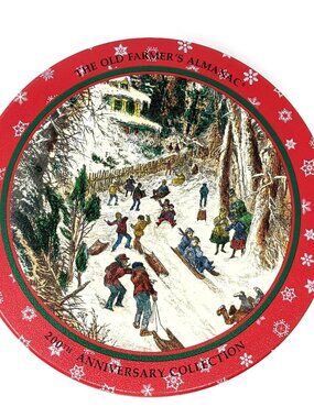 Old Farmers Almanac Christmas Cookie Tin 200th Anniversary 1992 8x3 Sledding